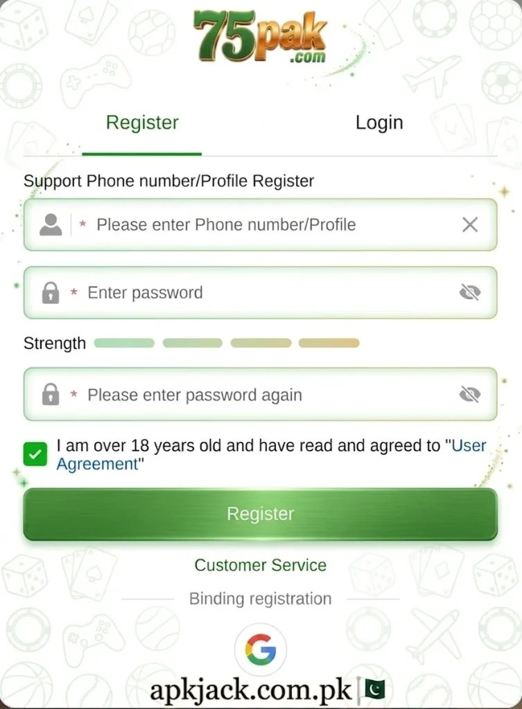 75 PAK Game Registration and login