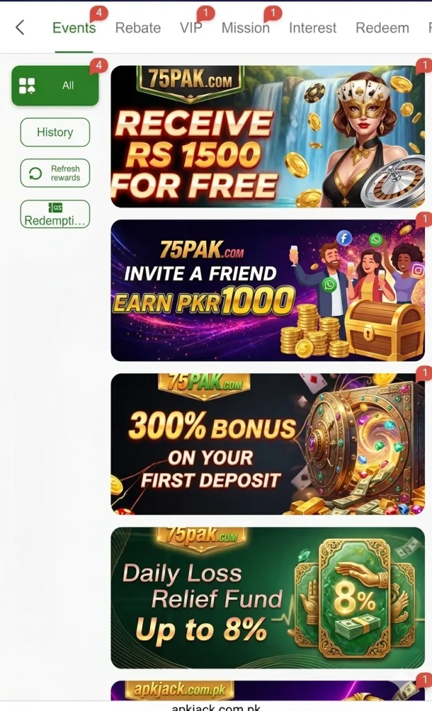 75 PAK Game bonuses and Rewards