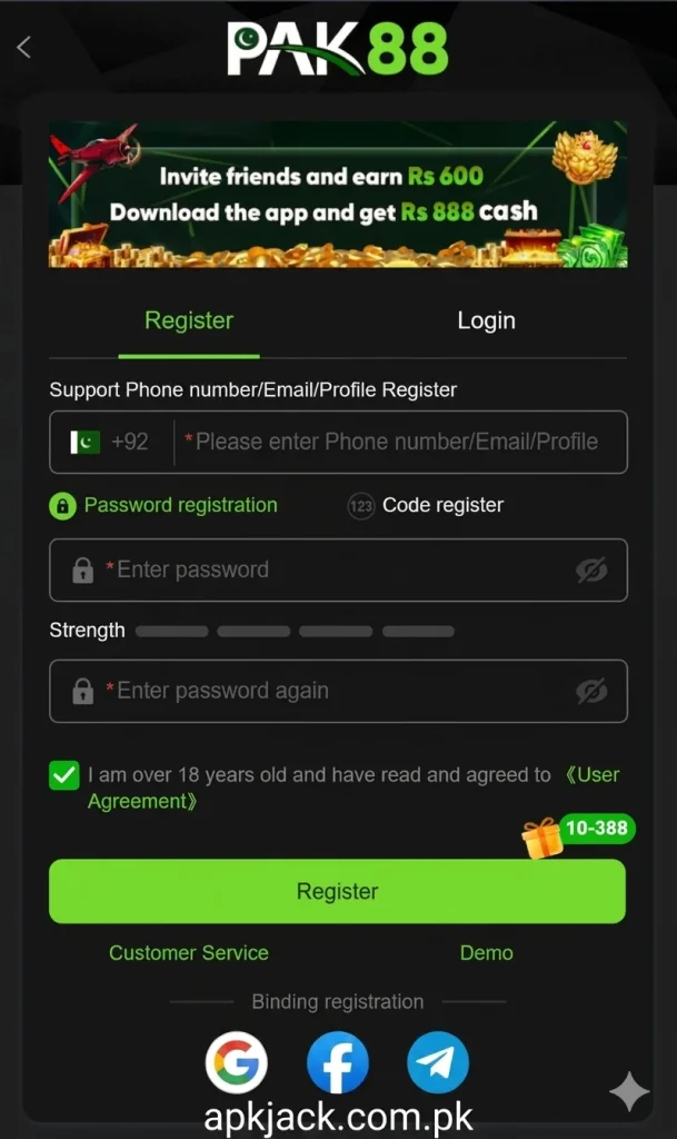 PAK 88 Game register and login