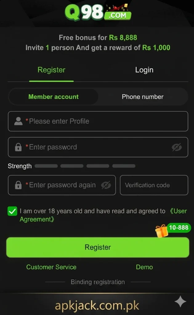 Q98 Game Registration and Login