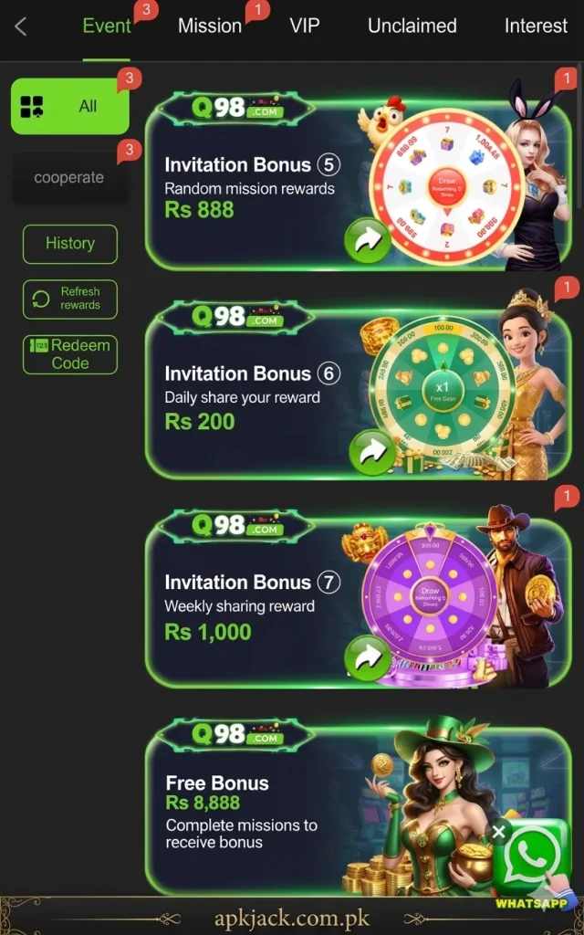 Q98 Game bonuses and Rewards