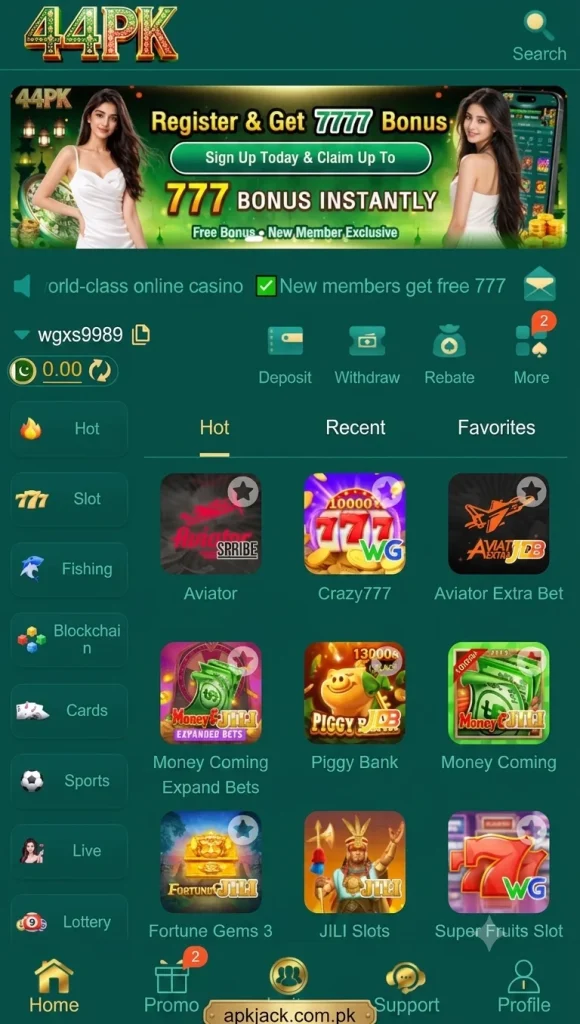 44PK Game home page and user interface
