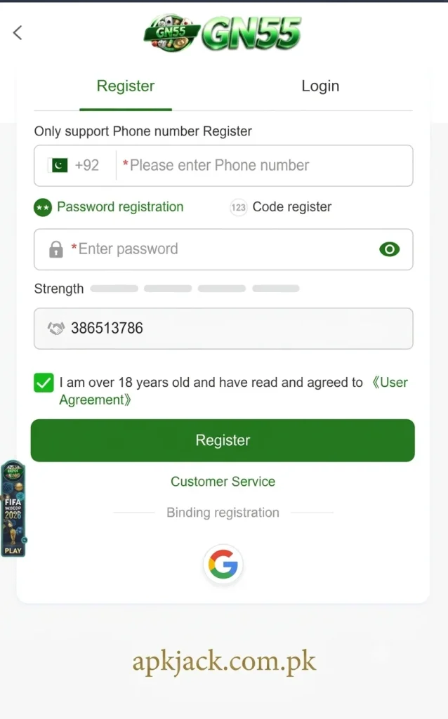 GN55.com APP registrration and login process using pakistani number