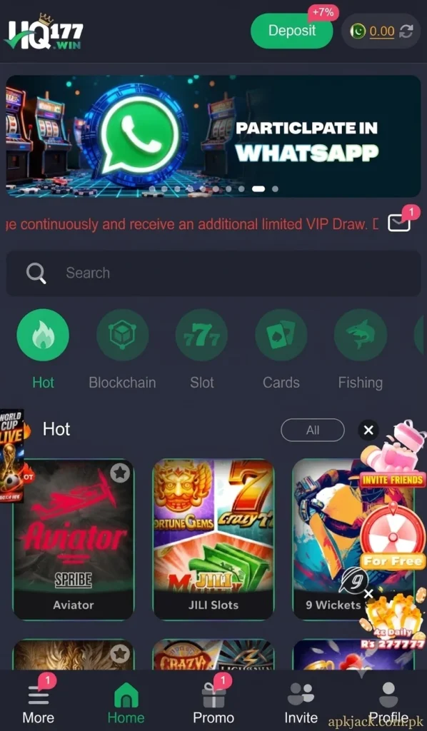 HQ177 Game mobile app navigation screen