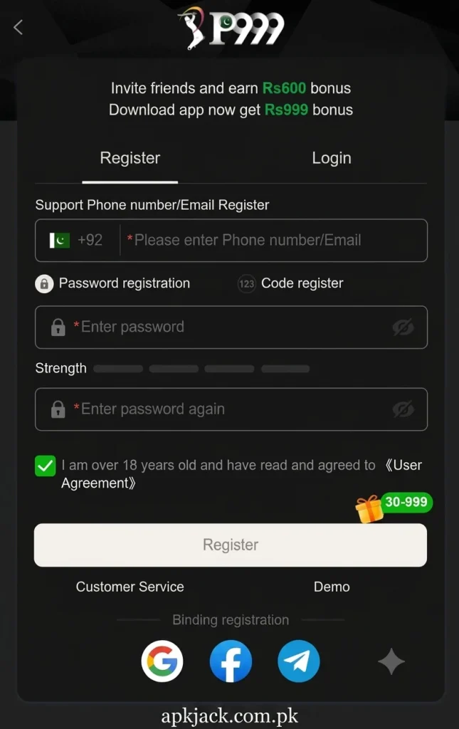 P999 Game pakistani registration and login system and withdrawing system