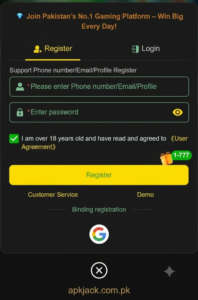 PAK804 Game registration and login process using pakistani number
