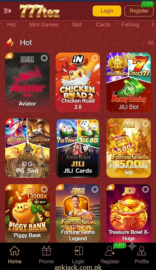 777TEZ Game Home Page and user interface